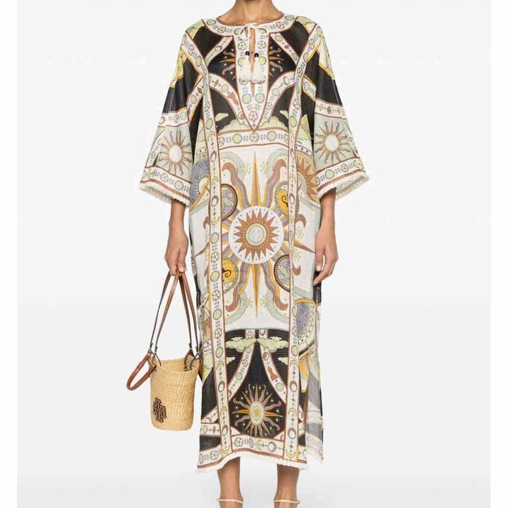 Tory Burch Sundial Printed Linen Caftan Dress Sun Compass Astrology Navy Blue L